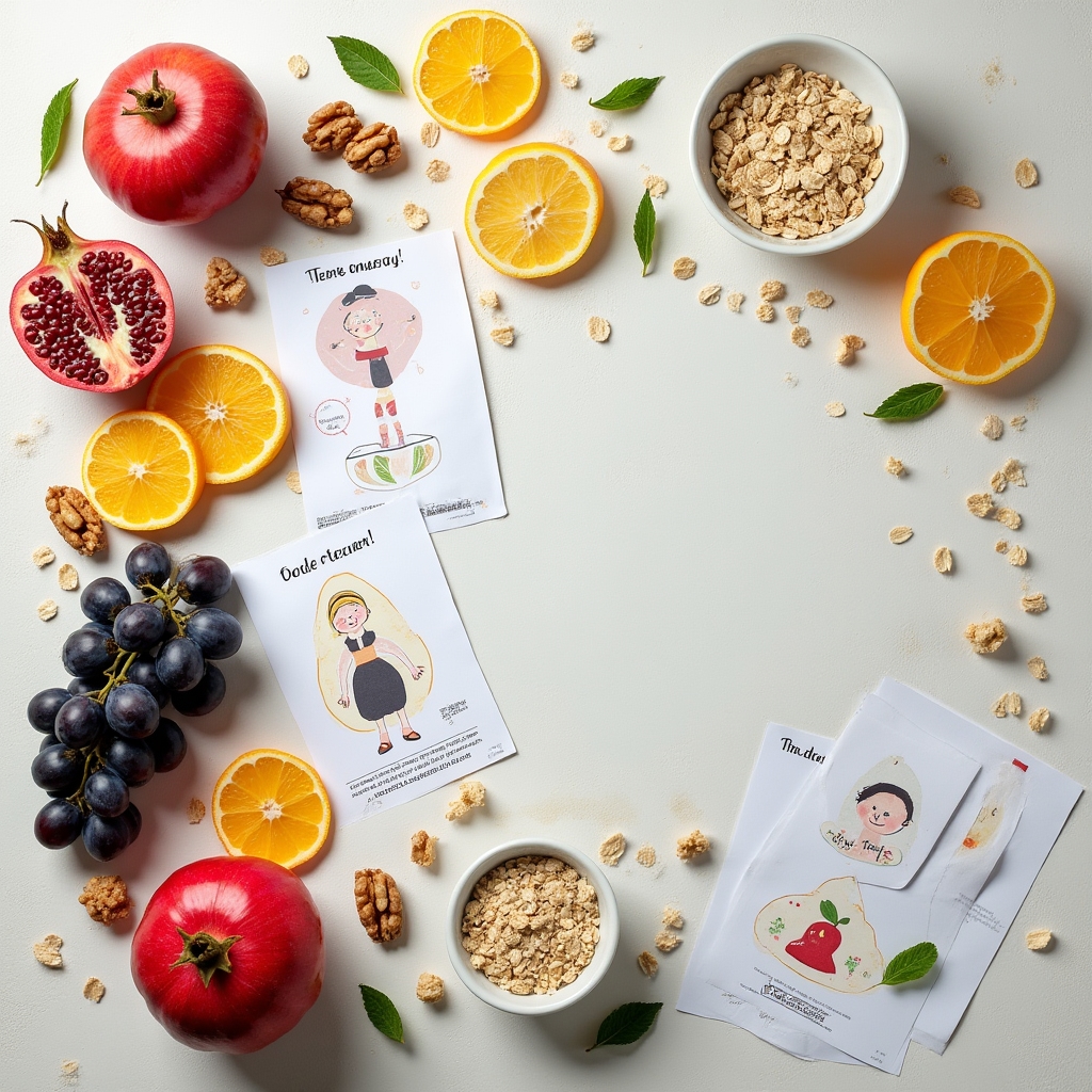 Fresh fruit and vegetables laid out with educational materials about energy