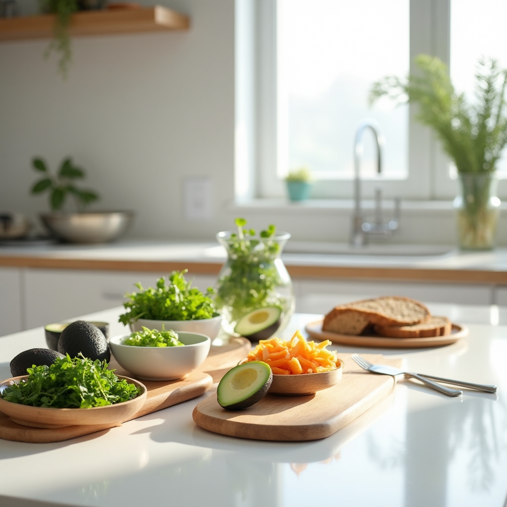 Organized meal preparation with fresh ingredients on a bright kitchen counter
