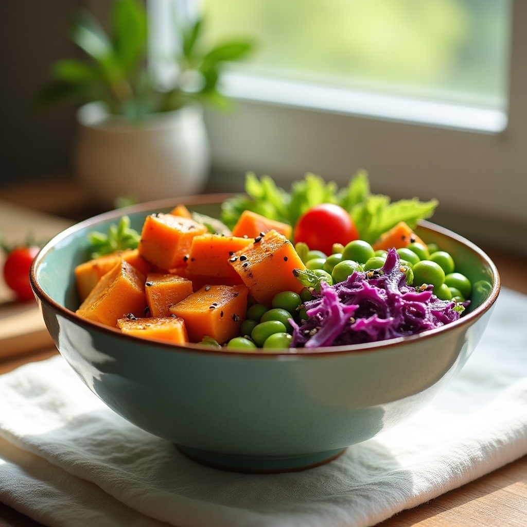 Colorful bowl of fresh vegetables and grains for mindful eating