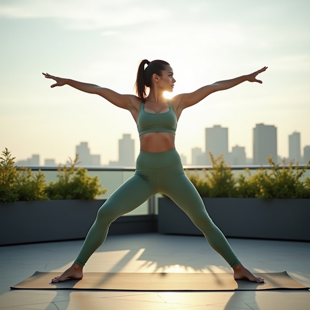 Person practicing yoga on an outdoor terrace at sunrise