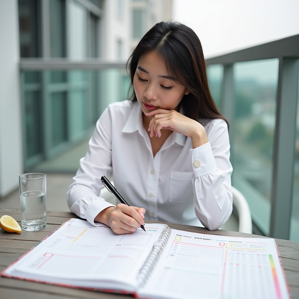 Person reviewing a daily wellness planner with notes on habits and routines