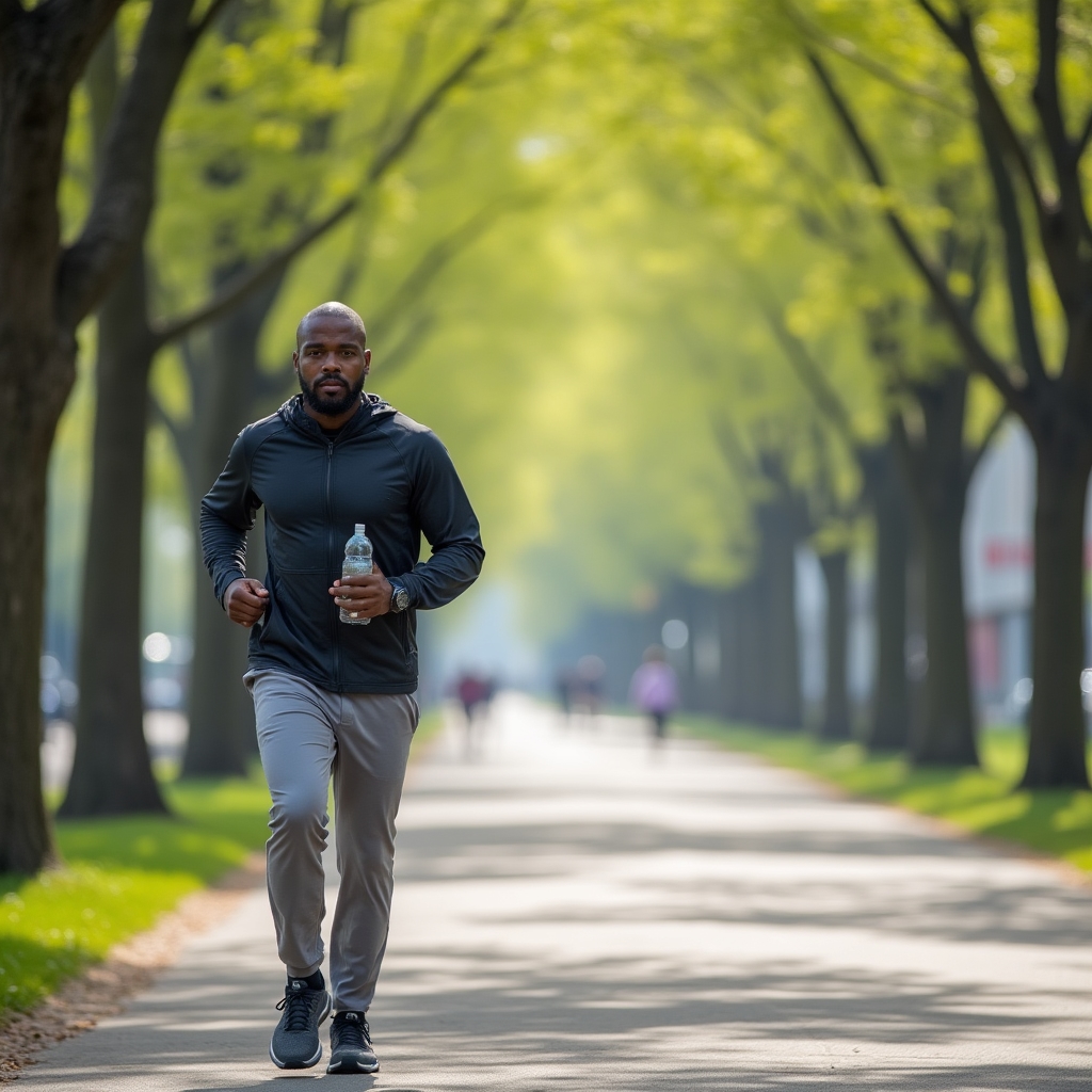 Person walking briskly along an urban path surrounded by greenery